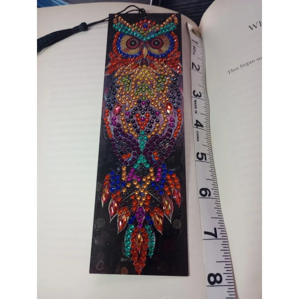 Handmade Diamond Art Owl Bookmark Acrylic Black Tassel 7.5